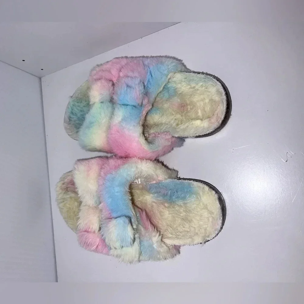Faux fur pastel elastic double buckle slip on sandals, girls size 13/ 1 - Picture 6 of 10